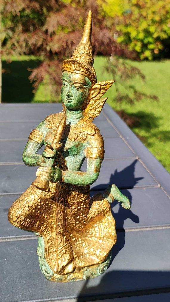 Statue Thaïlandaise Bouddhiste - 4 Gardiennes Du Temple Sur Socle - Occasion Bon État