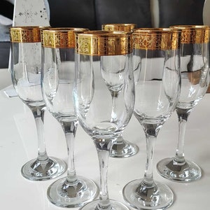 Lot 6 large vintage champagne flutes in crystalline glass, Cristalleria Fratelli Fumo Brothers/Italy style/24 c gold rim, arabesques