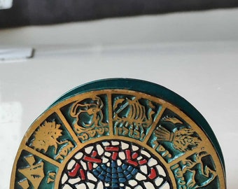 Porte-lettres Artisanal Israélien, Motifs 12 Tribus D'Israël, Laiton Patiné Vieil Or/émail