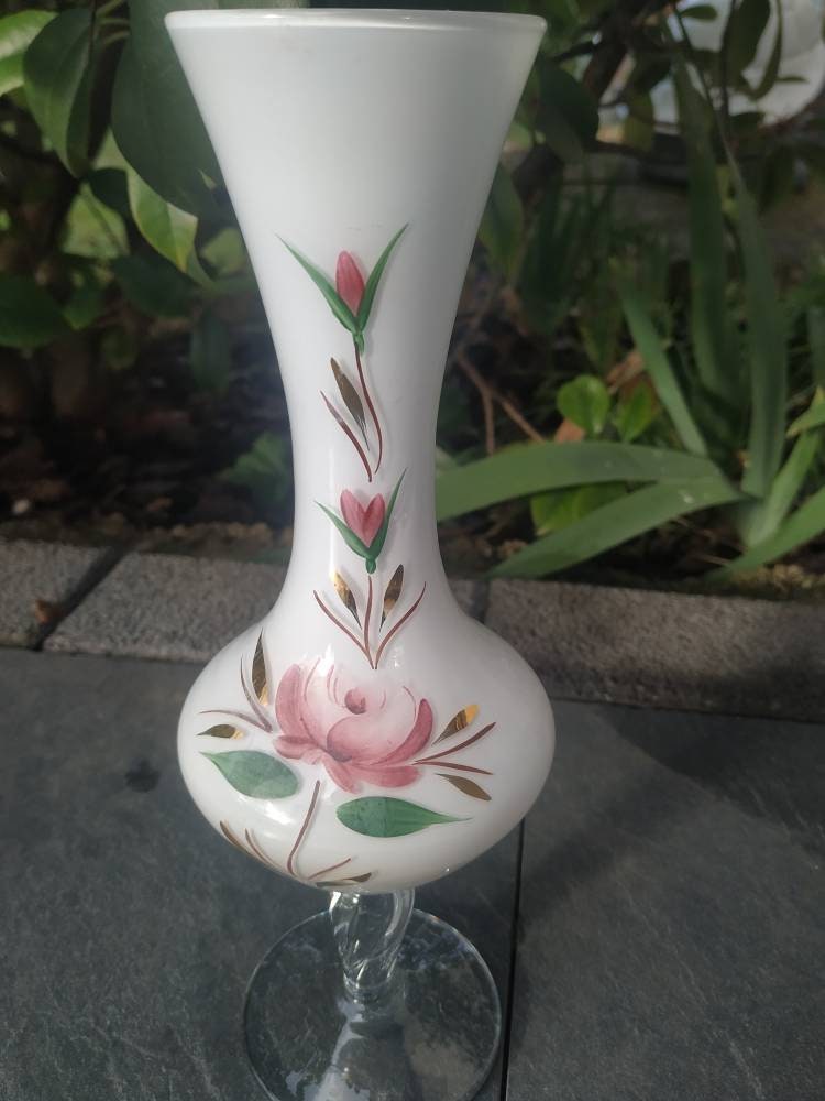 Vase Soliflore Design Opaline D Italie. Motifs Floraux avec Incrustations de Feuilles Dorées & Pied 