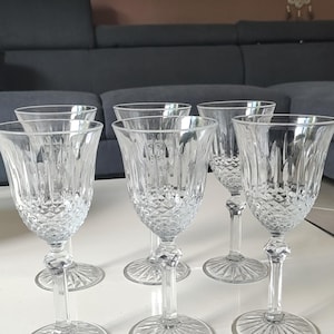 Set of 6 Large Elegant White Wine Glasses, Cut Boho Crystal, Empire/Regency Style. Crisscross/Diamond Point Pattern, 17.5cm