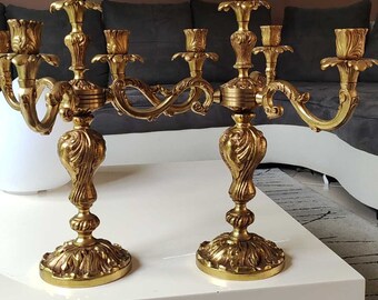 Elegant Pair of Candelabra/Candelabra with 4 lights, in mercury-gilded bronze - Baroque/Rocaille/Louis XV Style - Dim/39 x 34 cm