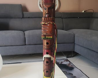 Large Tarka Andean Ethnic Transverse Flute/Decorative Totem - Origin: Sumaj Wayra, Bolivia - Made of polychrome wood. Height: 60 cm
