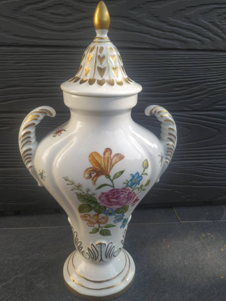 Vintage Vase Amphore/Potiche en Céramique Italienne Motifs Floraux & Insectes avec Dorures Signature