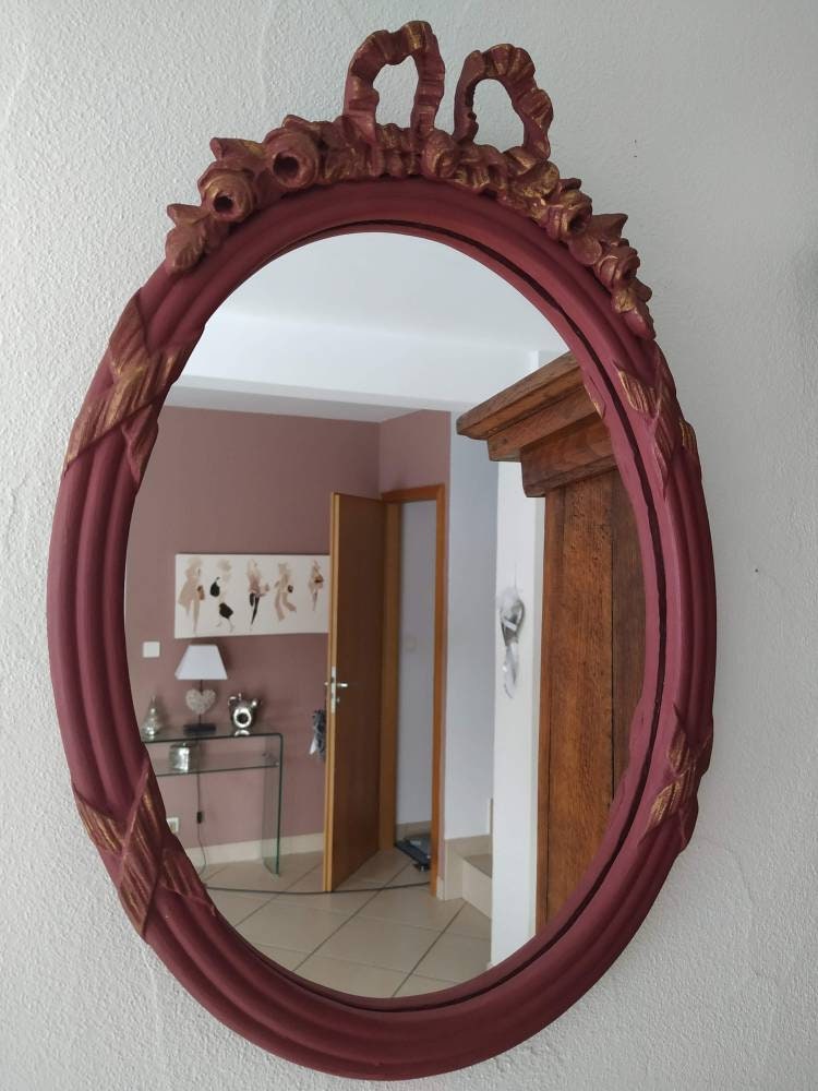 Miroir Ovale en Bois Style Louis Xvi/Rocaille. Relooké. Vieux Rose & Or. Ttb État