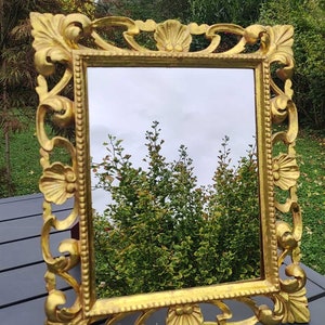 May include: A gold-colored ornate mirror with a decorative frame. The mirror reflects a view of green trees and a cloudy sky.