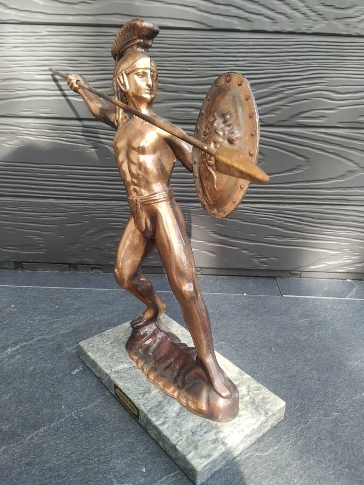 Sculpture Artisanale Grecque de Léonidas, Le Roi Sparte. en Bronze Cuivré sur Socle en Marbre. Haut.