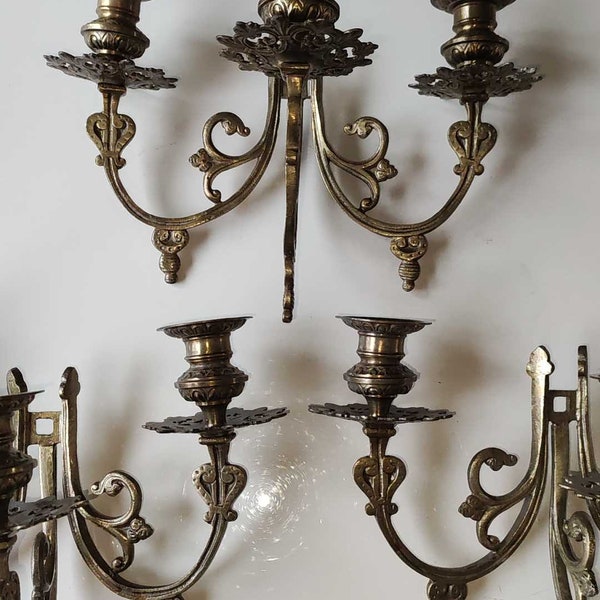 Lot de 3 x anciennes Appliques murales/Chandeliers Art Déco à 3 feux de lumière style Baroque/Louis XV/Rocaille, en bronze à patine dorée