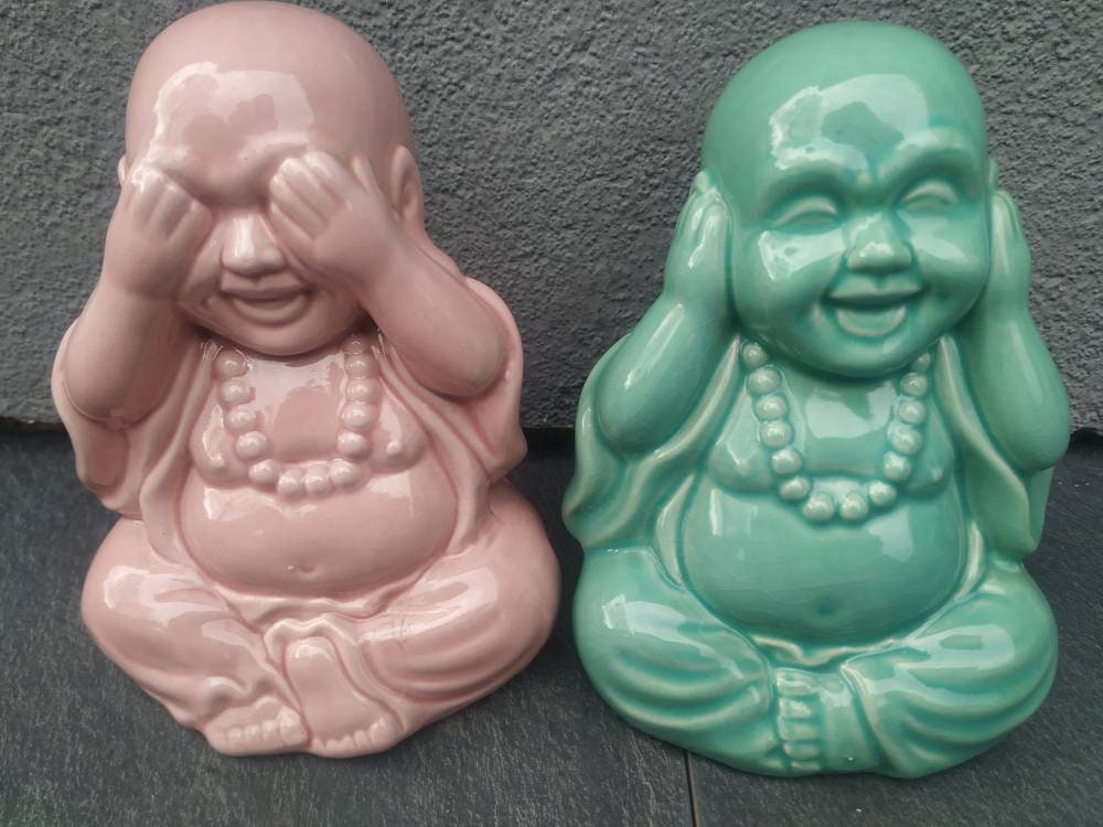 Lot de 2 Bouddhas La Sagesse/ Je Ne Vois Rien. Je N Entends en Céramique Chinoise. de Couleur Vert É