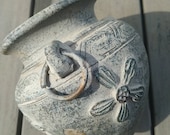 Vintage. Old decorative terracotta amphora with 3 handles. Gray tones. Length. 19 cm.floral motifs dragonflies. TTb status