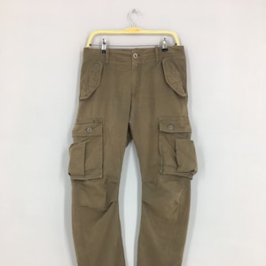 Size 32x32 Japanese Nano Universe Twisted Cargo Pants Brown Drawstring Hem Pants Tech Wear Multi Pocket Utility Tactical Pants Slim Fit W32