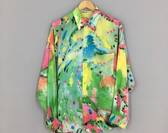 Domino Novelty Print Incredible Pop Art Vintage 60s 70s Black Red White Button Down Fitted Shirt Top