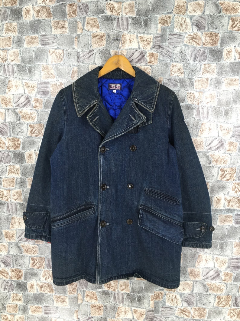 Vintage Blue Blue Japan Usn Navy Shawl Collar Denim Worker Jeans Jacket Quilted Winter Size Medium