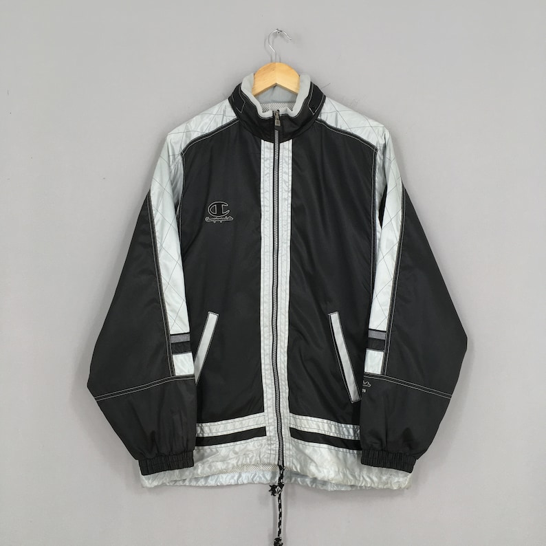 Vintage Champion Windbreaker Jacket Large 90/'s Champion Products Usa Sportswear Champion Hoodie Track Top Black Jacket Size L