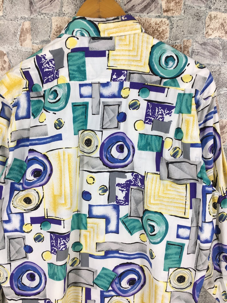 Vintage Long Lagoon Button Up Abstract Cotton Shirt Large Pop Art Multicolor Geometric Art Baroque Novelty Party Oxfords Size L