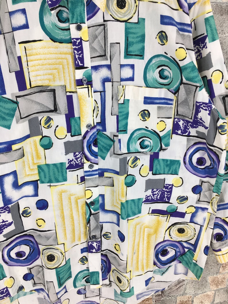 Vintage Long Lagoon Button Up Abstract Cotton Shirt Large Pop Art Multicolor Geometric Art Baroque Novelty Party Oxfords Size L