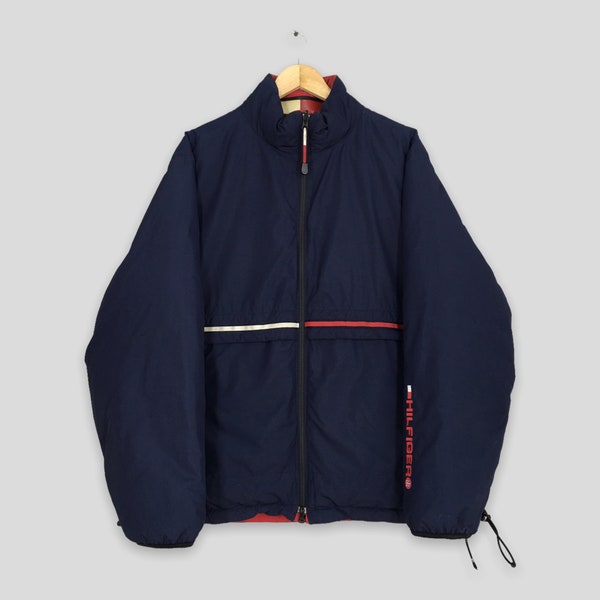 Tommy Hilfiger Puffer Goose Jacket Warmer Grote Vintage jaren '90 Tommy Goose Down Rits Jas Tommy Hilfiger Blauw Rode Jas Bomber Maat L