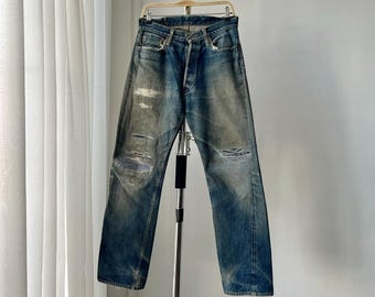 Größe 29x30 Vintage 1990s Denim Japan Faded Honeycomb Selvedge Straight Cut Jeans Redline Big E Patina Distressed Leather Patch Jeans W29