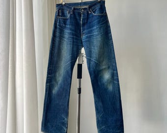 Size 33x32 Vintage 90s Warehouse Big E Selvedge Jeans Warehouse Button Fly Jeans Straight Cut Redline Stonewashed Japanese Denim Faded W33