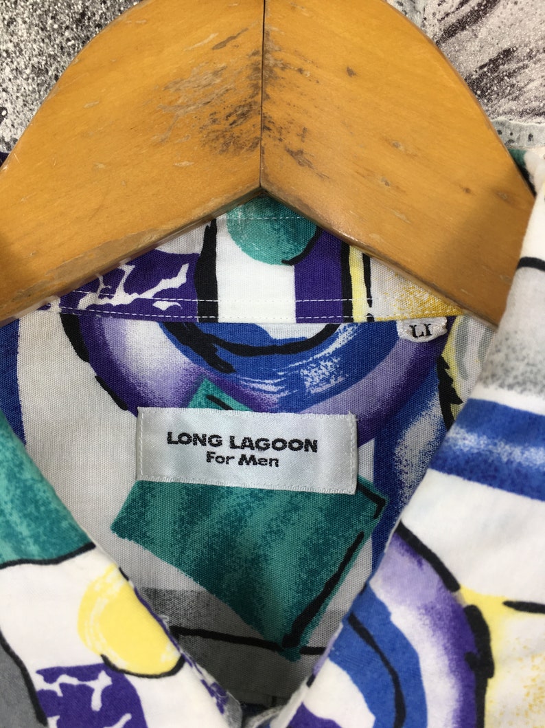 Vintage Long Lagoon Button Up Abstract Cotton Shirt Large Pop Art Multicolor Geometric Art Baroque Novelty Party Oxfords Size L