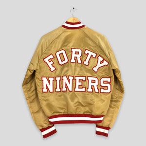 Vintage 80s San Francisco SF 49ers Chalk Line Satin Bomber Jacket Spell Out with Autographs!! - Size Small