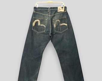 Taglia 32x26.5 Vintage Evisu Daicock Japan Big E Denim Stonewash Faded Blue Jean Evisu Redline Selvedge Relaxed Fit Loose Patina Honeycomb W32
