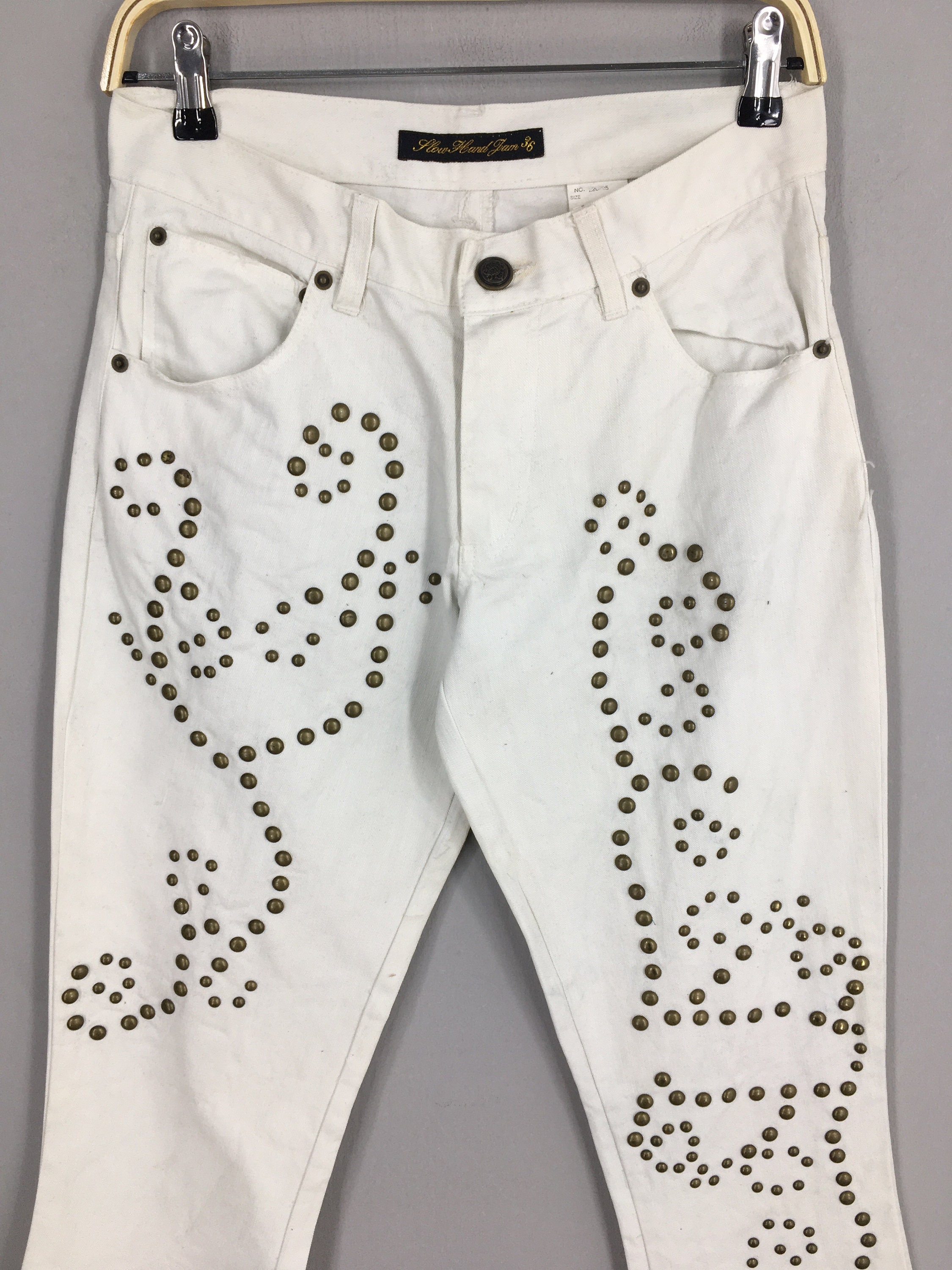 Size 26x33.5 Y2K Flow Hand Jam Flared White Jeans Japanese Brand 