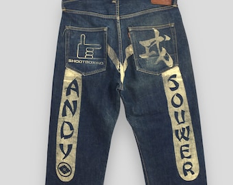 Jeans vintage Evisu Daicock Andy Souwer in denim blu indaco sbiadito, taglia 34x27, Evisu Big Daicock Paint Selvedge, Evisu Redline Japanese Denim W34