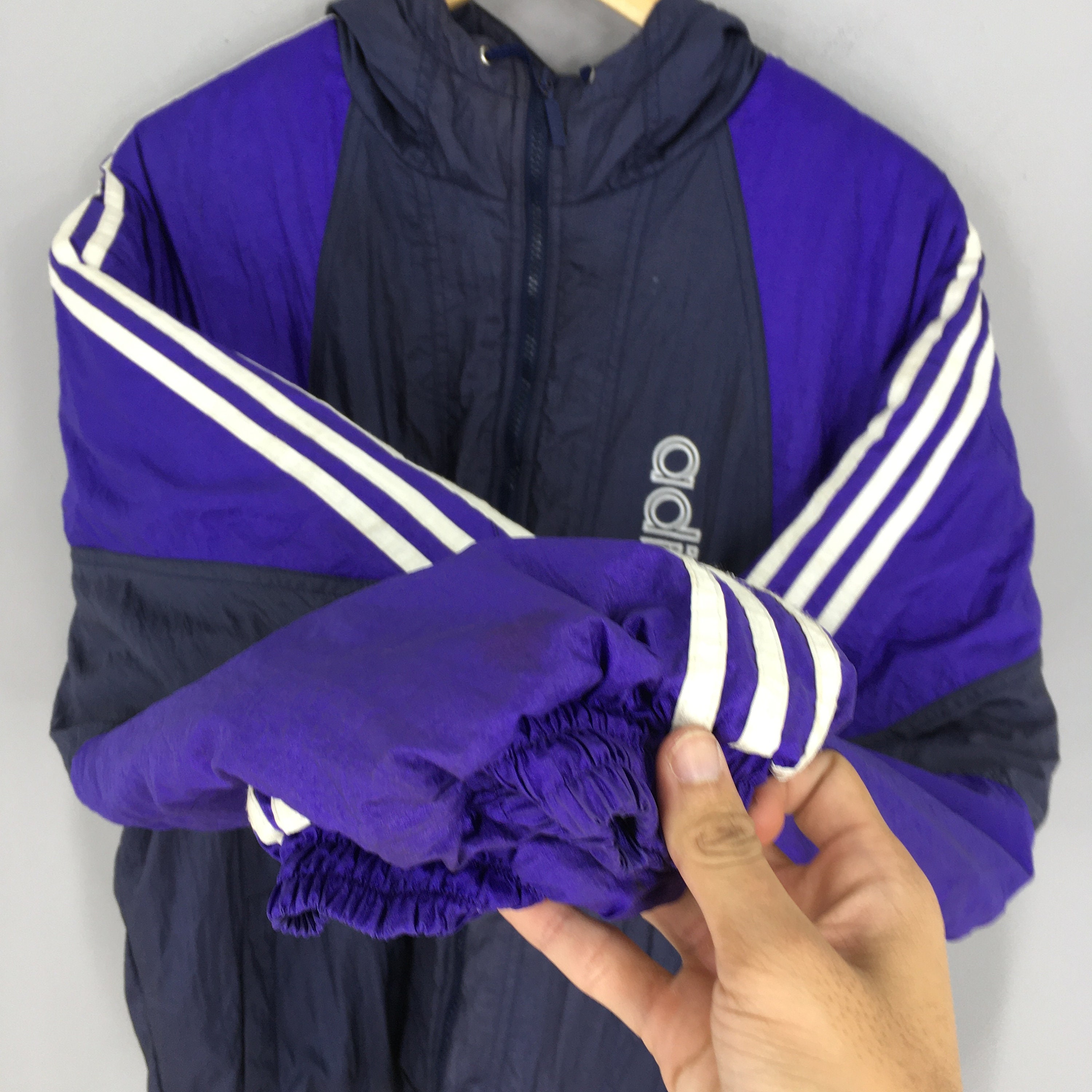 purple adidas jacket white stripes