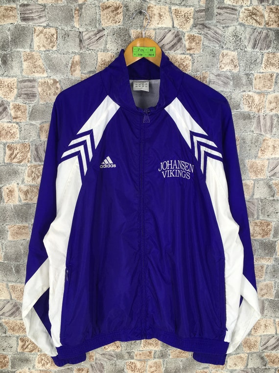 purple adidas jacket white stripes