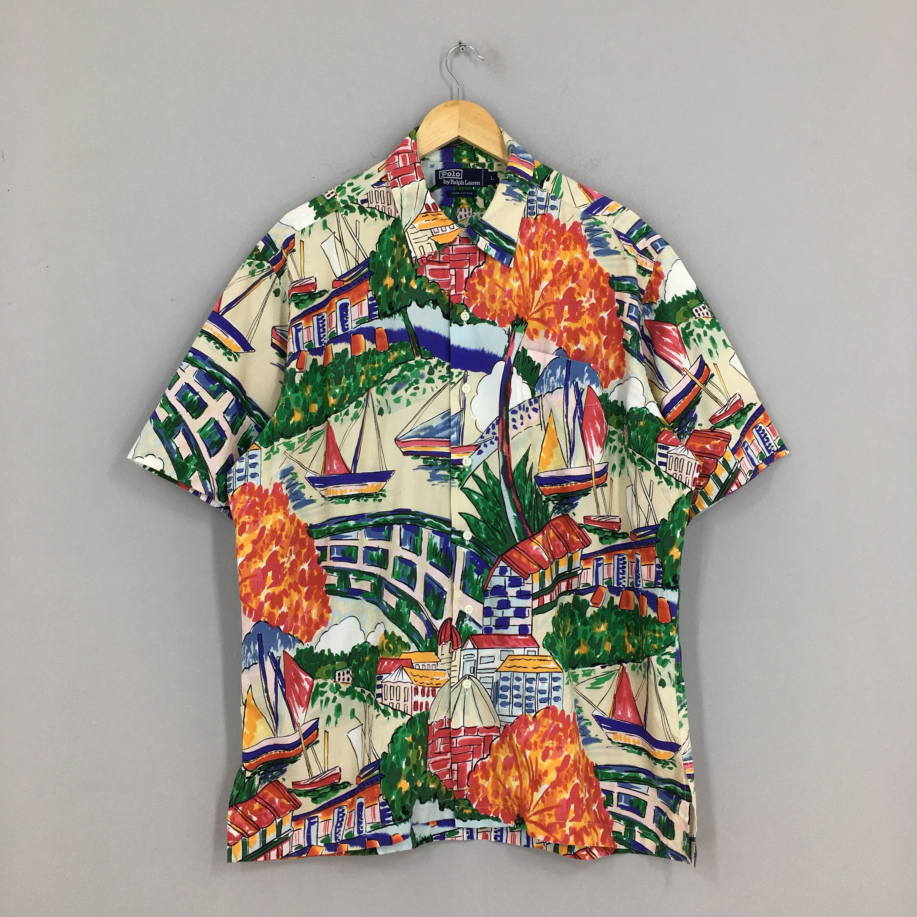 Vintage Polo Ralph Lauren Multicolor Sailing Hawaiian Shirt Large Sailing  Yacht Town View Ralph Lauren Beachwear Buttondown Shirt Size L