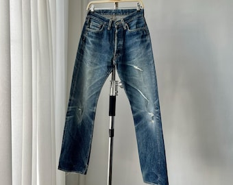 Größe 28x30 Vintage 90er Jahre Denim Japan Faded Blue Selvedge Straight Cut Jeans Redline Big E Patina Style Denim Leder Patch Japanische Jeans W28
