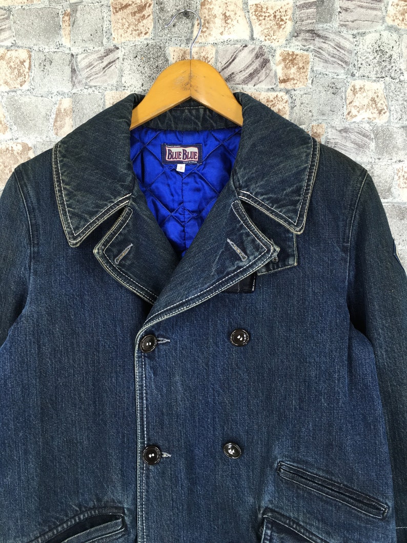 Vintage Blue Blue Japan Usn Navy Shawl Collar Denim Worker Jeans Jacket Quilted Winter Size Medium