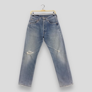 Size 29x28.5 Vintage 1990s Levi&#39;s 501 Faded Blue Jeans Stonewash Levi&#39;s Ripped Dirty Denim Levis Light Washed Levis 501 Distressed Jeans W29