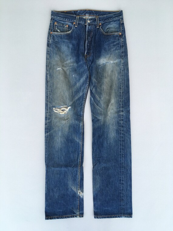 90s US Levi’s 501xx grunge damage denim Vintage 90s Levis 501 Xx Ripped Frayed Blue Jeans Made in