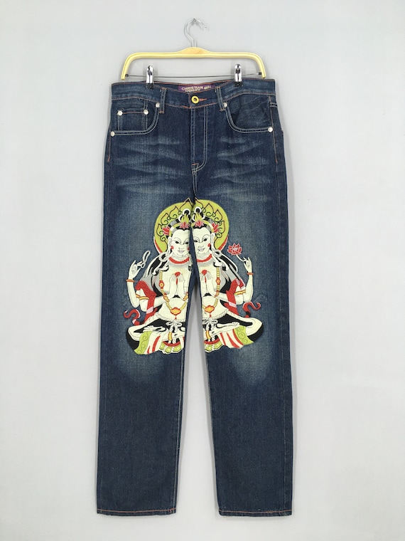 Size 34x32 Christian Audigier Denim Gautama Buddha Art Denim Blue