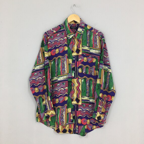 Vintage Long Lagoon Button Up Abstract Cotton Shirt Large Pop Art Multicolor Geometric Art Baroque Novelty Party Oxfords Size L