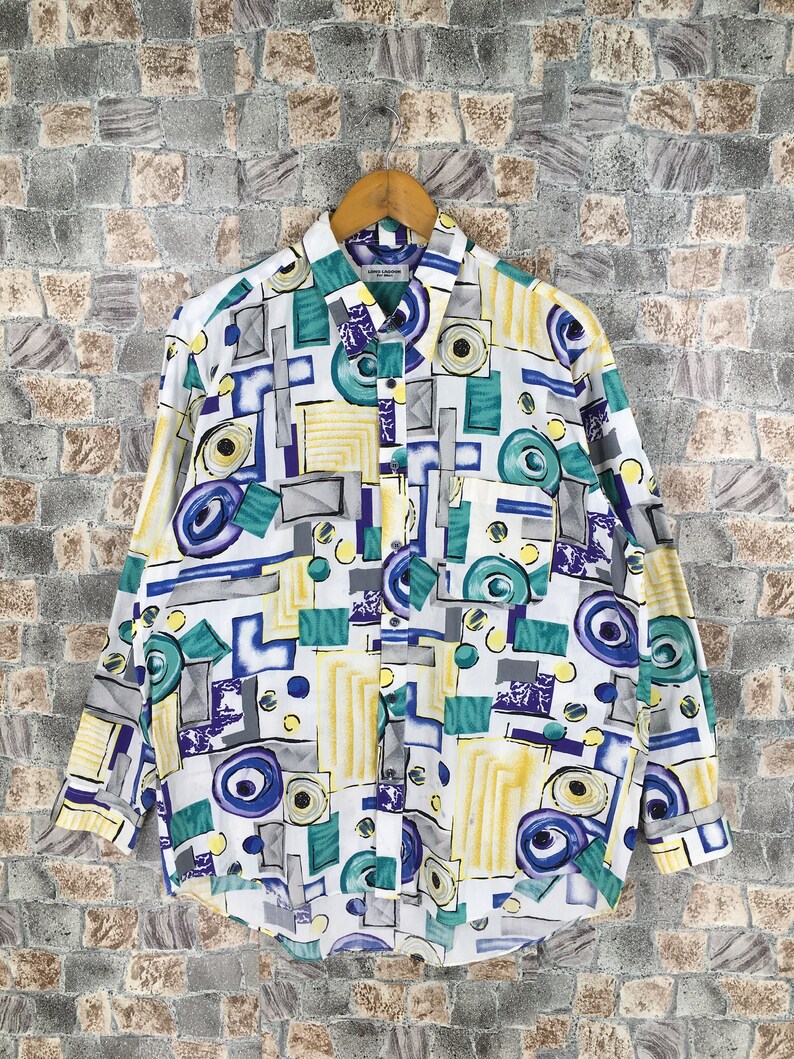 Vintage Long Lagoon Button Up Abstract Cotton Shirt Large Pop Art Multicolor Geometric Art Baroque Novelty Party Oxfords Size L