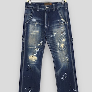 Size 30x29.5 Quenchloud Japan Splatter Painter Jeans Distressed Denim Carpenter Faded Dirty Denim Ripped Japanese Destroyed Jeans Blue W30