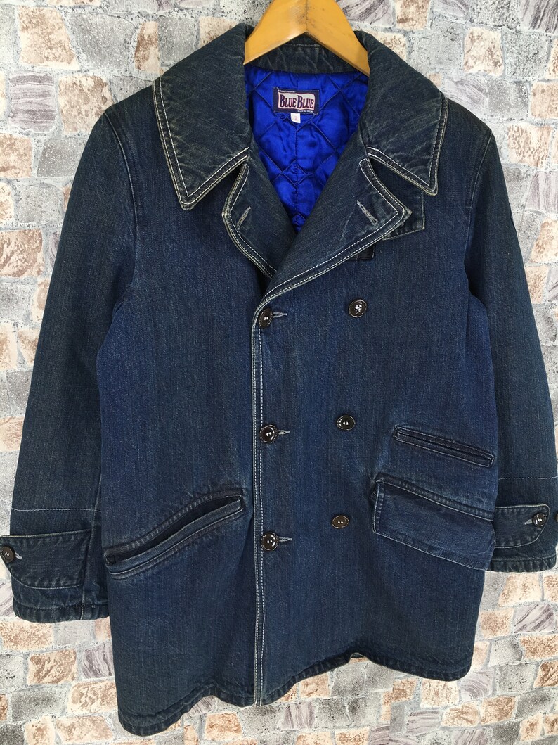 Vintage Blue Blue Japan Usn Navy Shawl Collar Denim Worker Jeans Jacket Quilted Winter Size Medium