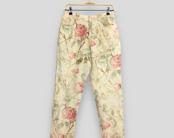 Talla 26x28 Pantalones vintage de los 80 Polo Ralph Lauren Petite Pantalones Ralph Lauren con estampado floral estampado para mujer Rosas Arte Pantalón de lino beige W26