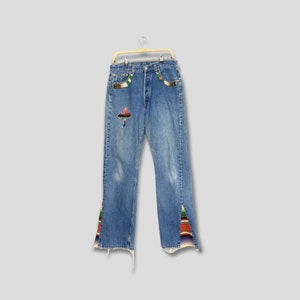 Size 32x33 Vintage Levi&#39;s 501 Custom Rebuild Jeans Remake Levis Wide Leg Jeans 90s Levis Filigree Cross Art Denim Levis Distressed Jeans W32