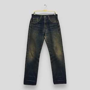Maat 32 x 33 Vintage jaren 90 Levis 503 LVC Big E Redline vervaagde blauwe Redline denim Levi&#39;s Distressed jeans Levis gescheurde stonewash jeans zelfkant W32
