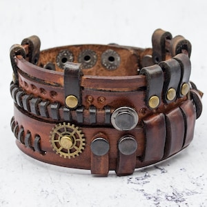 Steampunk Leather brown bracelet. Wristbands with gears and mechanisms. Handmade in Ukraine! Unisex gift for parties or everyday wear.