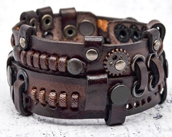 Steampunk Leather brown bracelet. Wristbands with gears and mechanisms. Handmade in Ukraine! Unisex gift for parties or everyday wear.