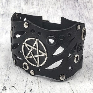 Black Leather wristbands  with Pentagram. Steampunk Style. Handmade in Ukraine! Occult accessory. Unisex gift for parties or everyday wear.
