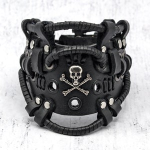 Black leather pirate bracelet with skull and bones, Jolly Roger. Handmade in Ukraine. Steampunk style. Wristband for parties music festivals
