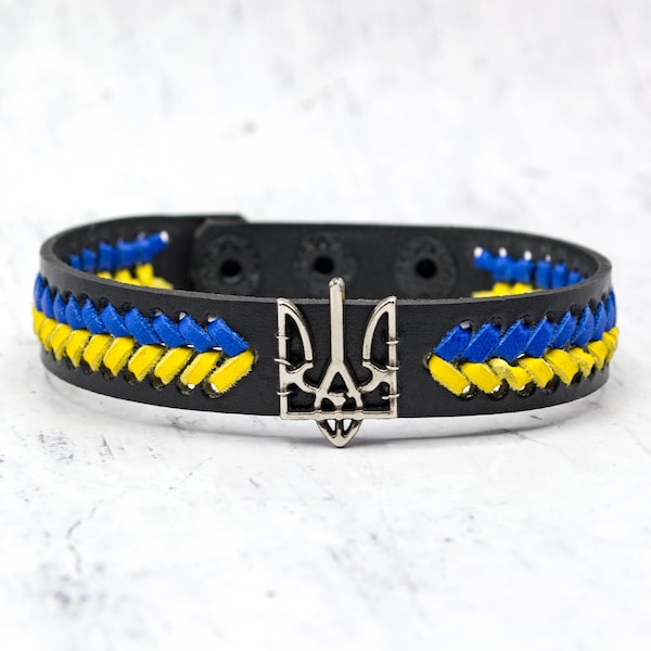 Leather Bracelet with Ukrainian Trident, yellow-blue weaving. Handmade in Ukraine! Steampunk style accessory. Solidarity support for Ukraine