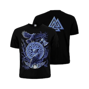 Viking Ravens T-Shirt – Shield with Axe & Valknut, Norse Mythology Design, Nordic Warrior style. Hugin and Munin. Scandinavian symbols.