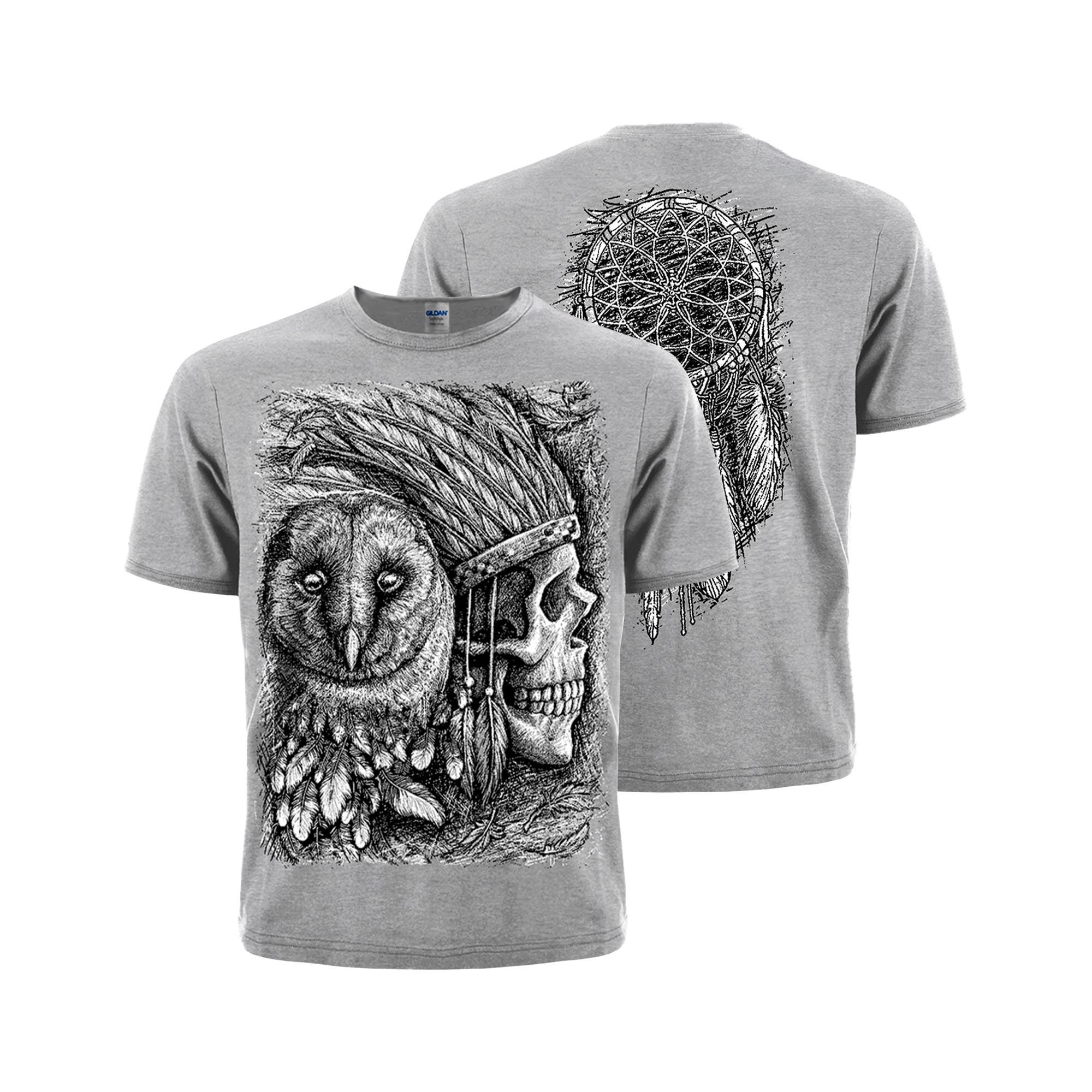 Native American chiefs skull and owl melange T-shirt. Dreamcatcher an amulet that protects the sleeper from evil spirits and diseases.